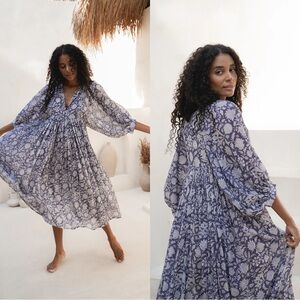 Daughters of India Navy Blue Iris Kyra Cotton Floral Midi Dress XS